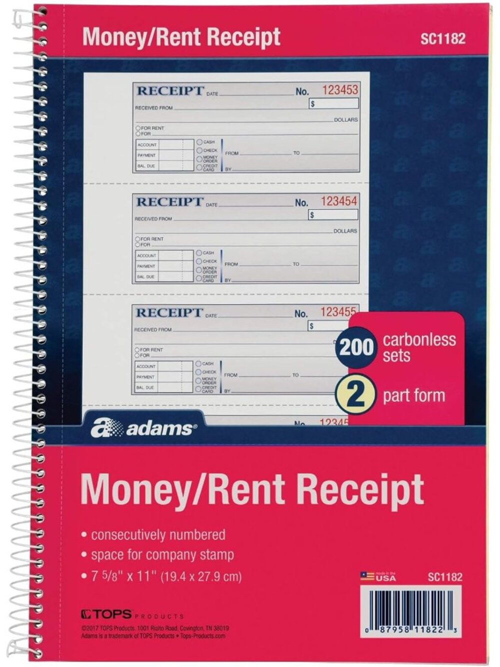 Money and Rent Receipt Book, 2-Part Carbonless, 7-5/8" x 11", Spiral Bound, 200